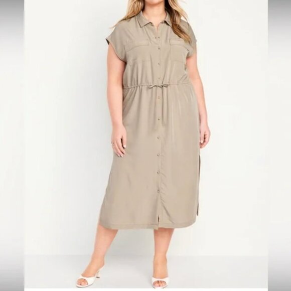 Old Navy Waist-Defined Utility Midi Shirt Dress Size 2X Beige Slits Minimalist - Picture 1 of 15